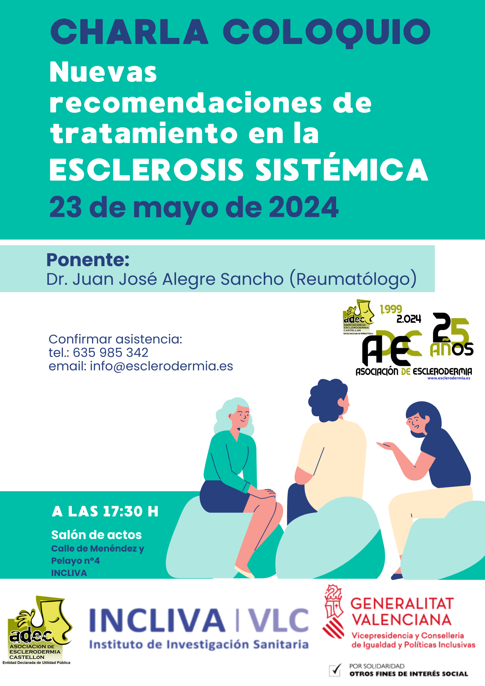 Cartel anunciador de la charla-coloquio organizada por adec en fondo blancocon recuadro s en color azul con letras en contrastre 