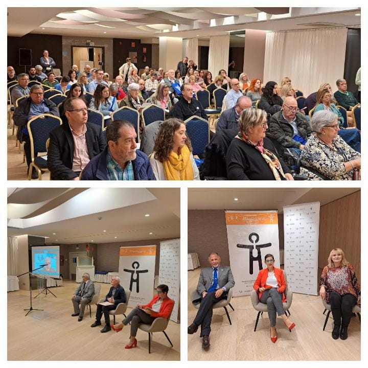 cartel fondo gris con fotos de socios sentados en una mesa de cafetería. Con letras en color blanco