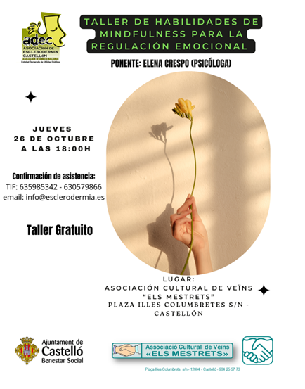 cartel fondo blanco con foto en el centro de una mano sosteniendo una flor donde se informa del taller que se impartirá a cargo de adec
