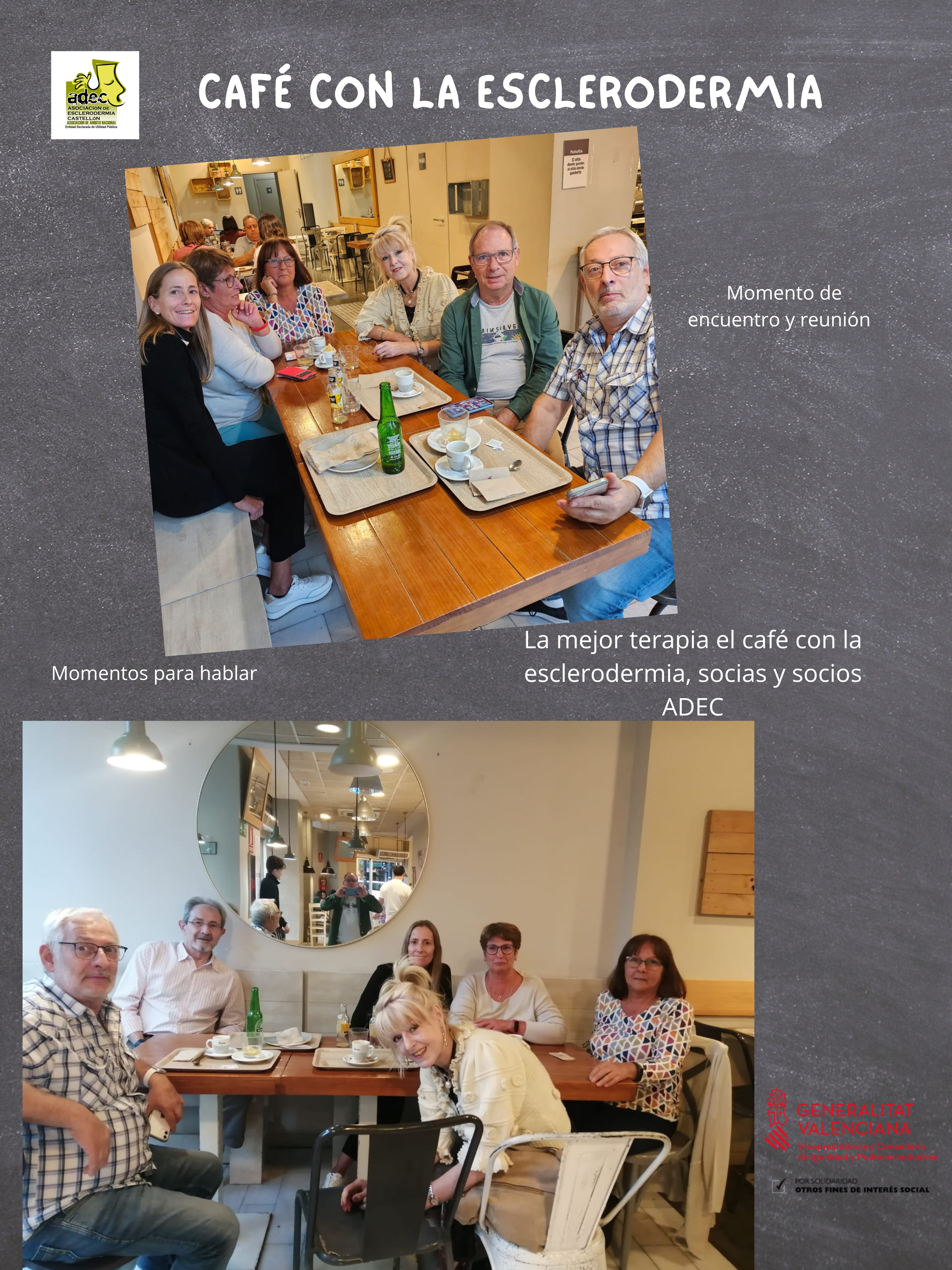 cartel fondo gris con fotos de socios sentados en una mesa de cafetería. Con letras en color blanco